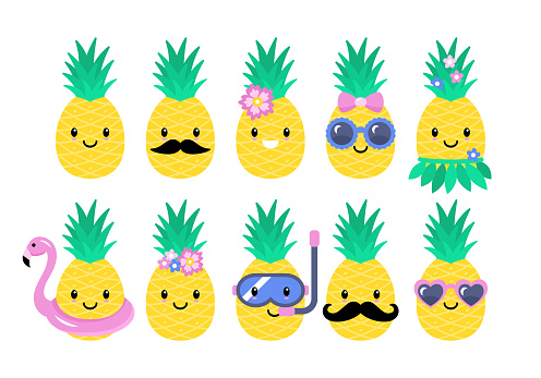 Pineapple cute characters set for summer tropical stickers; patches and pins design. Vector illustration