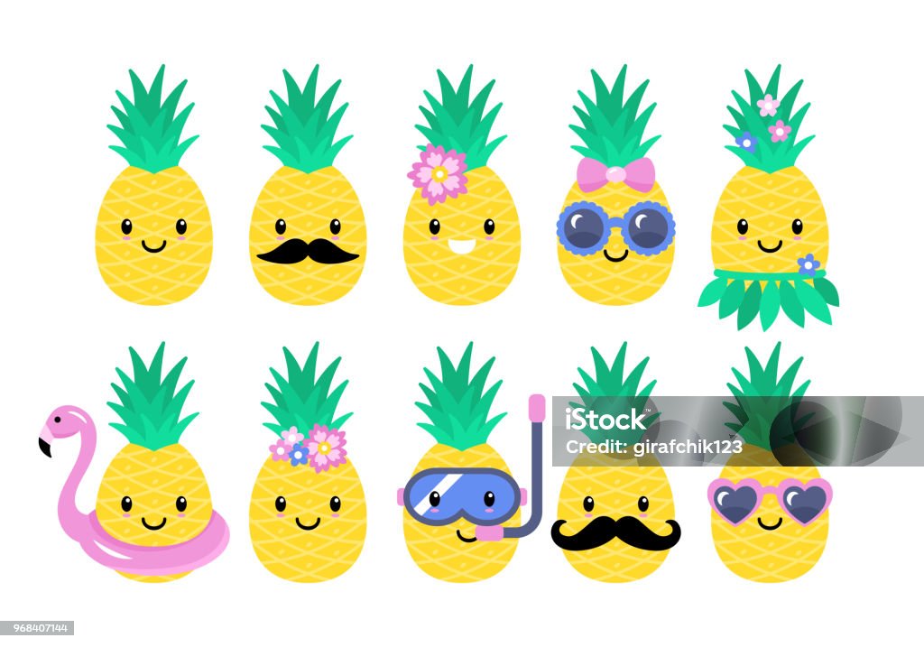 Pineapple cute characters set Pineapple cute characters set for summer tropical stickers; patches and pins design. Vector illustration Pineapple stock vector