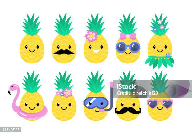 Pineapple Cute Characters Set Stock Illustration - Download Image Now - Pineapple, Cute, Vector