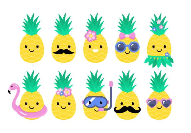 Vector illustration of Pineapple cute characters set