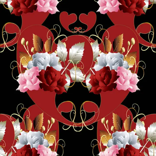 Vector illustration of Paisleys seamless pattern. Floral roses background.  Floral vin
