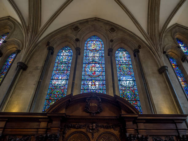 One of the stained glass windows inside the Temple Church, Inner Temple, City of London.