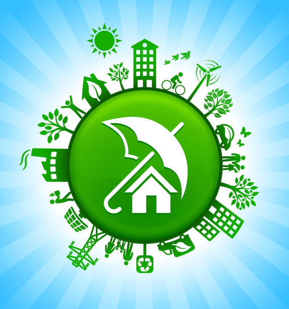 ilustrações de stock, clip art, desenhos animados e ícones de home insurance environment green button background on blue sky - protection umbrella people stick figure