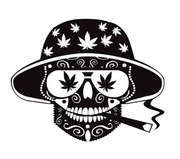 Vector illustration of Marijuana skull icona with the hat, black and white cool background.