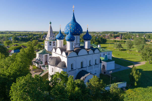 Suzdal, Russia. Aerial view of the Nativity Cathedral and the bell tower of the Suzdal Kremlin. The Suzdal Kremlin is the historical center of the city. golden ring of russia photos stock pictures, royalty-free photos & images