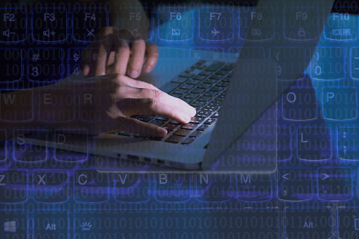 Computer Code Haker A Computer Programmer Or Hacker Prints A Code On A Laptop Keyboard To ...