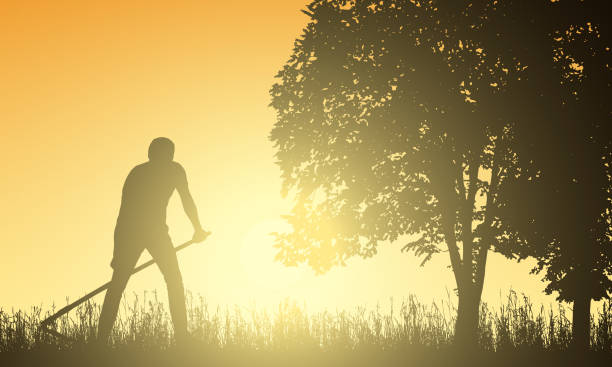 Man mowing grass with a scythe under the tree at sunrise - vector Man mowing grass with a scythe under the tree at sunrise - vector Scythe stock illustrations