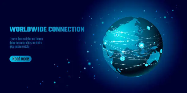 Vector illustration of Global network connection. World map Asia continent point line worldwide information technology dat exchange business. Planet Earth space low poly polygonal render vector Illustration