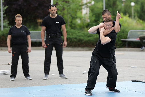 Sofia, Bulgaria - 21 May 2018: Policemen demonstrate martial arts during a show in National Sports Academy.