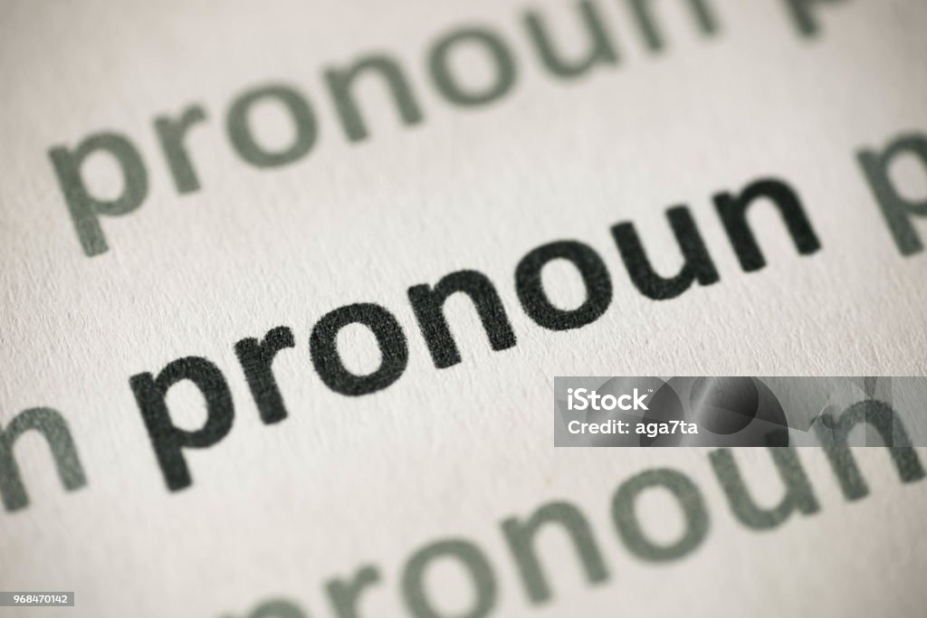 word pronoun printed on paper macro word pronoun printed on white paper macro Pronoun Stock Photo