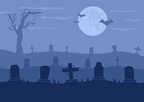 Cemetery or graveyard dark background. Silhouettes of tombstones and tree. Color vector illustration for Halloween posters or banners