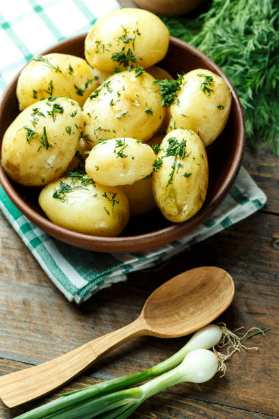 boiled young potatoes in a plate. next to it lies the greenery. - young potatoes imagens e fotografias de stock