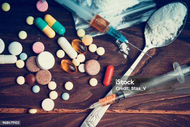 Drug Concept Use Illicit Drug Abuse Addiction Heroininjection Doping Opium Epidemic Toning Selective Focus Stock Photo - Download Image Now