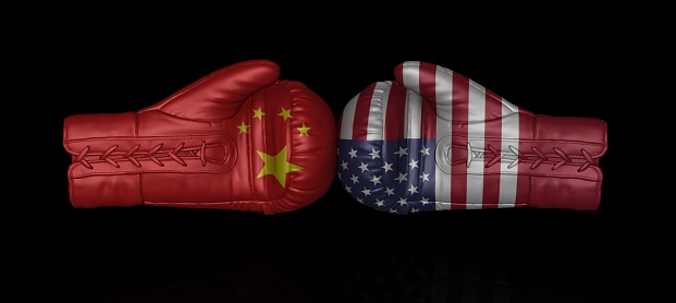 usa china us trade war import tax entrance duty crisis problems military economic political confrontation 3d boxing gloves armament sign