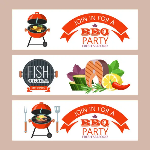 Vector illustration of Barbecue party. Grilled fish and vegetables. Vector illustration. Invitation.