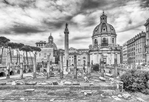 Scenic ruins of the Trajan's Forum and Column in Via dei Fori Imperiali, Rome, Italy