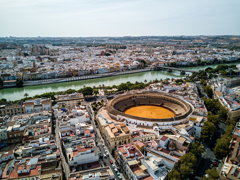 Sevilla, Spain - 10/2/17 - Aerial drone photo of the iconic bullfighting ring, Plaza de Toros, of Seville (Sevilla) Spain.