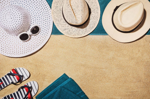 istock Top view towel on sandy beach. Background with copy space 968502928