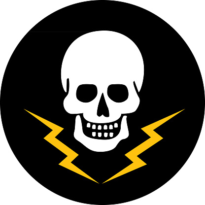 Vector illustration of a white skull on a black circle with gold lightning bolts under it.
