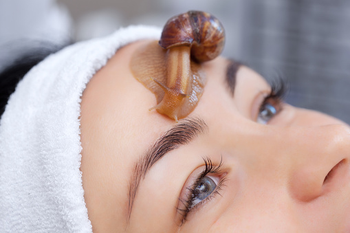 Cosmetological procedure. Beautiful young woman with a snail ahatin on her face in a beauty salon.