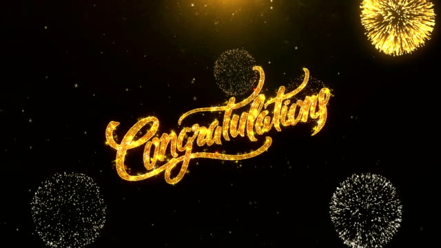 Congratulations Greeting Card text Reveal from Golden Firework & Crackers on Glitter Shiny Magic Particles Sparks Night for Celebration, Wishes, Events, Message, holiday, festival