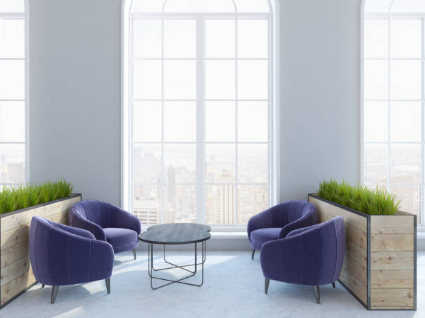 istock Loft cafe interior, purple armchairs 968509780