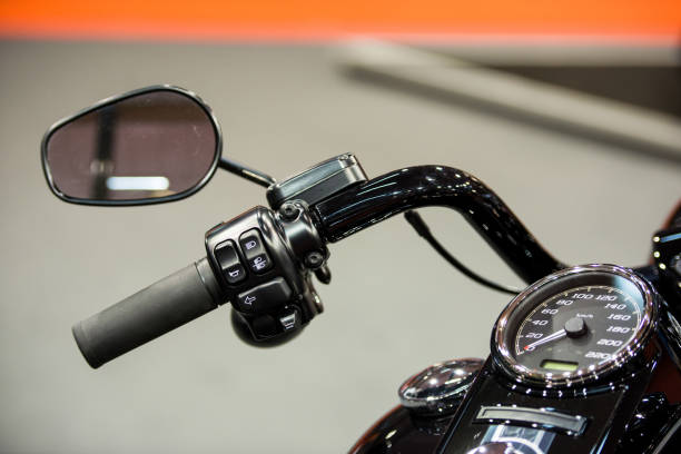 istock Modern motorcycle speedometer on dashboard and handlebar commands for cruise control, horn and lights 968513234