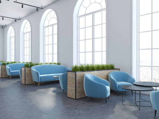 istock Eco style cafe interior, cyan armchairs and sofas 968516028