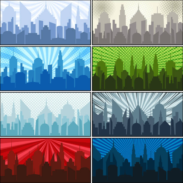 City slhouettes collection City slhouettes collection with cityscapes in different colors and radial rays halftone effects. Vector illustration colorful page borders stock illustrations