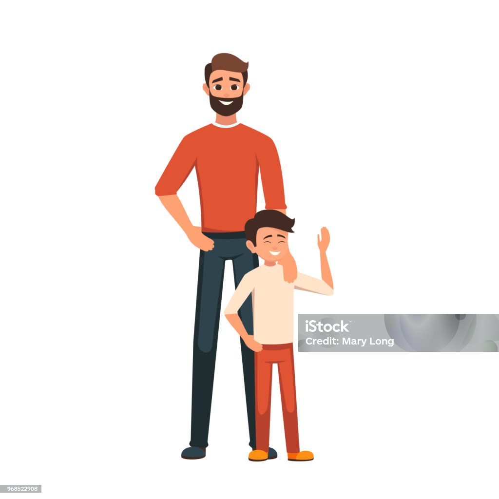 Happy Father's Day card Happy Father's Day. Dad with his son standing. the parent put his hand on his son's shoulder. Tenderness and care Childhood stock vector