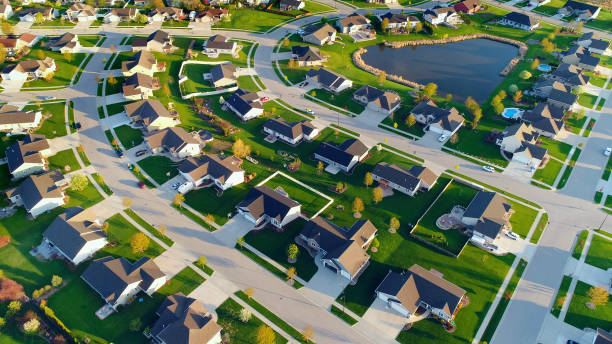 istock Perfect neighborhoods, homes around pond 968523206