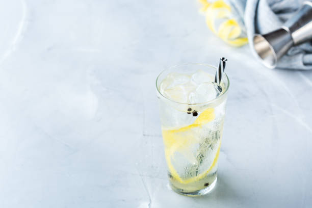 Food and drink, holidays party concept. Gin and tonic alcohol cocktail drink with ice and lemon zest in a glass on a table. Copy space background