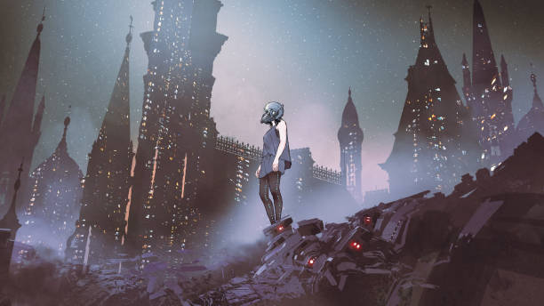 istock cyborg woman in cyberpunk city 968527616