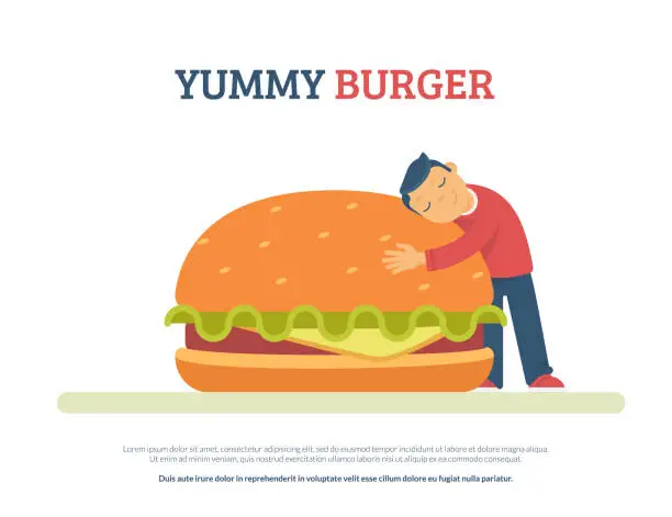 Vector illustration of Yummy burger concept flat vector illustration of funny boy lovely hugging a big hamburger
