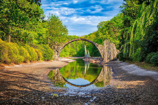 19th-century bridge Rakotzbrücke (also called the Devil's Bridge) uses its reflection to form a perfect circle