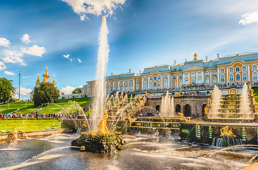 PETERHOF, RUSSIA - AUGUST 28: Scenic view of the Grand Cascade,  Peterhof Palace, Russia, on August 28, 2016. The Peterhof Palace and Gardens complex is recognized as a UNESCO World Heritage Site