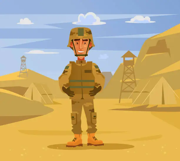 Vector illustration of Happy smiling soldier man character standing on camp background. Military war flat cartoon illustration graphic design concept element