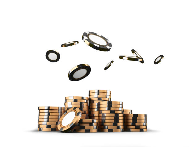 istock Golden casino poker chips stacks isolated on white background. Game concept. 3D rendering 968542412