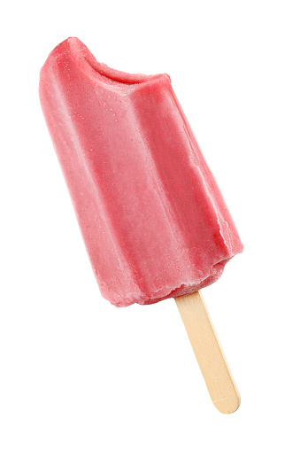 Bitten pink ice pop popsicle isolated on white background with clipping path