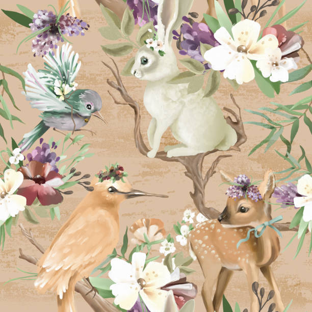 ilustrações, clipart, desenhos animados e ícones de linda, vintage, encantada floresta, animais da floresta e pássaros com flores, ramos de madeira velhos e arcos sem emenda, tileable padrão. veado, coelho, pássaro, animais caprichosos - coelho animal