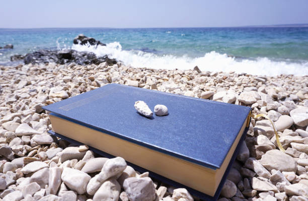 Book and shells on it in the seacoast, with sea waves and sea foam on the beautiful sunny summer day. Vacation and relax concept