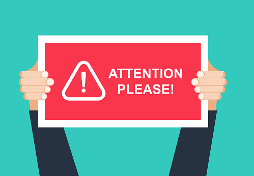 Alert signs vector.Attention please concept vector illustration of important announcement. Flat human hands hold caution red sign and banners to pay attention and be careful on