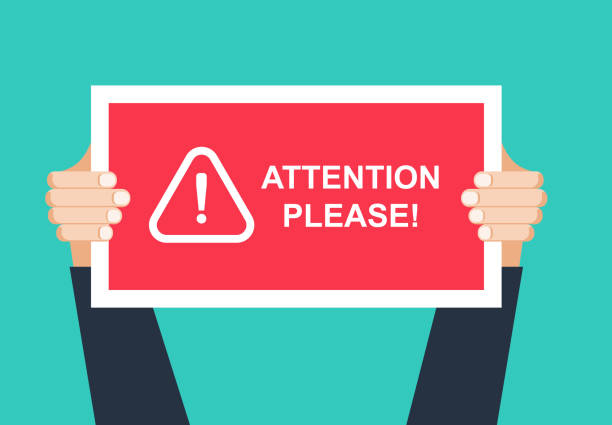 Alert signs vector.Attention please concept vector illustration of important announcement. Flat human hands hold caution red sign and banners to pay attention and be careful on green background Alert signs vector.Attention please concept vector illustration of important announcement. Flat human hands hold caution red sign and banners to pay attention and be careful on please sign here stock illustrations
