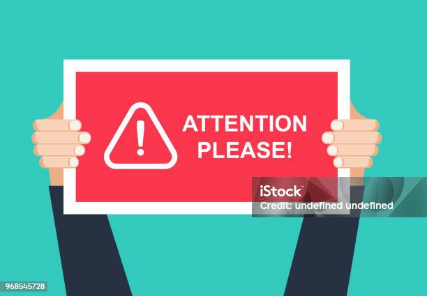 Alert Signs Vectorattention Please Concept Vector Illustration Of Important Announcement Flat Human Hands Hold Caution Red Sign And Banners To Pay Attention And Be Careful On Green Background Stock Illustration - Download Image Now