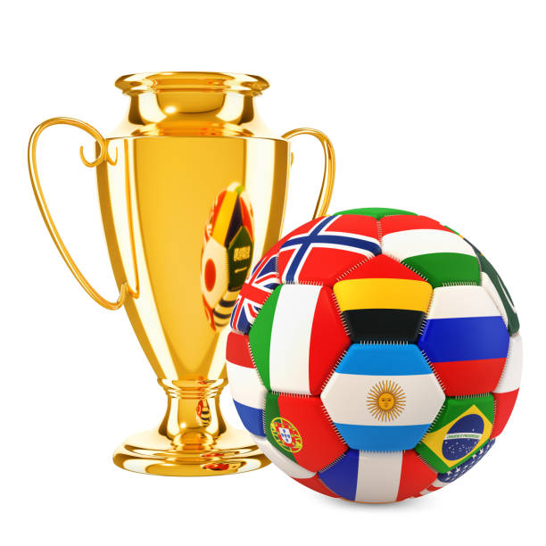 Golden trophy cup with football isolated on white background. Sport tournament award, gold winner cup and victory concept. 3d rendering illustration