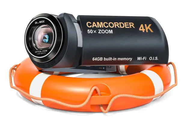Repair and service of camcorder, videocamera concept. 3D rendering isolated on white background
