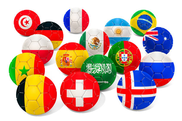 istock Set of soccer ball with flags, 3D rendering isolated on white background 968546002