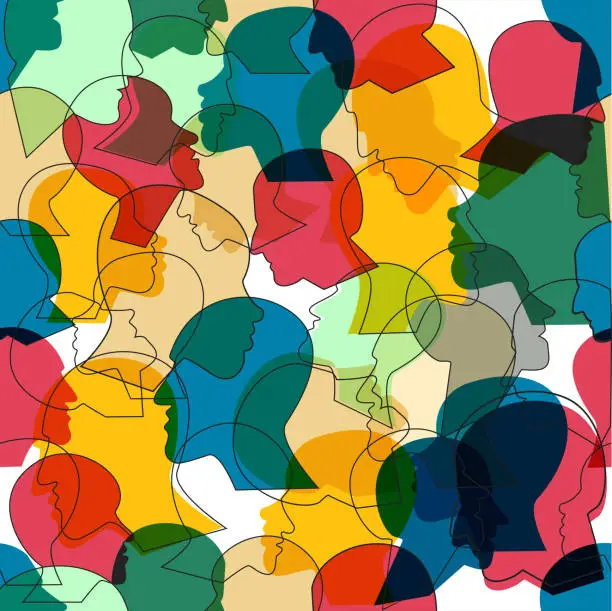 Vector illustration of Seamless pattern of  crowd of many different people profile heads.