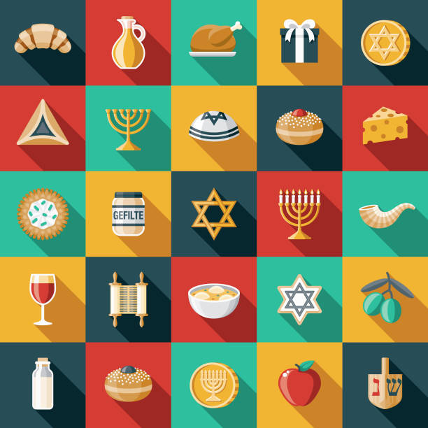 ilustraciones, imágenes clip art, dibujos animados e iconos de stock de hanukkah diseño plano icon set - hanukkah menorah judaism religion