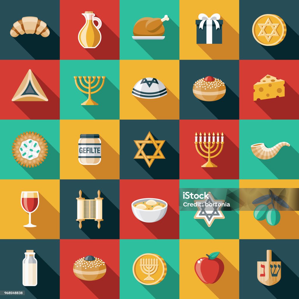 Hanukkah Flat Design Icon Set A set of flat design styled Hanukkah icons with a long side shadow. Color swatches are global so it’s easy to edit and change the colors. File is built in the CMYK color space for optimal printing. Hanukkah stock vector